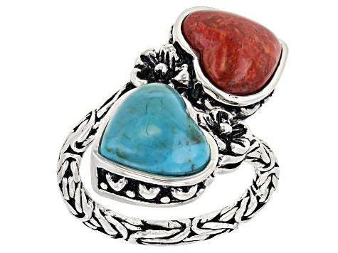 Two Blue & Red Heart Shaped Gemstone 18k White Gold Plated Vintage Rin