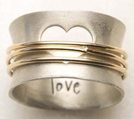 Love Heart Engraved 18k White & Vermeil Gold Plated Vintage Wire Ring 