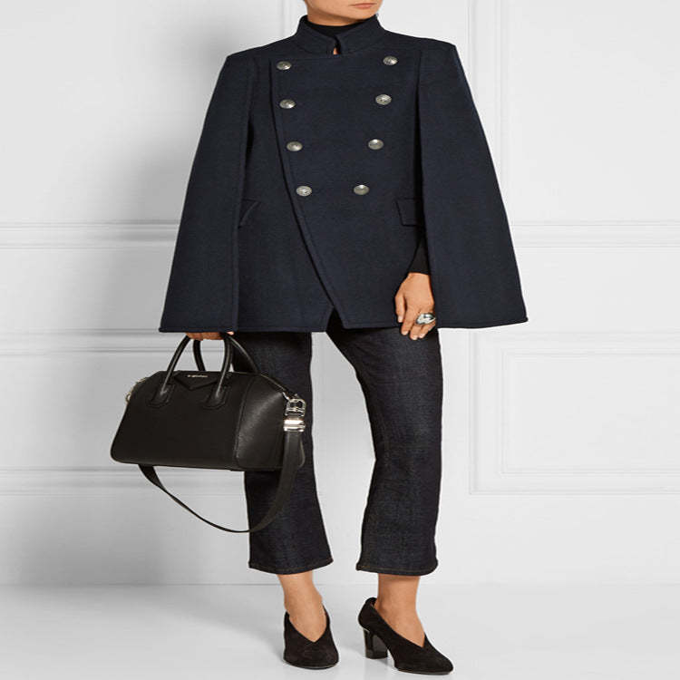 New autumn and winter European and American versatile military style double-breasted loose cape coat woolen coat mid-length cape for women-Mix MIx Style