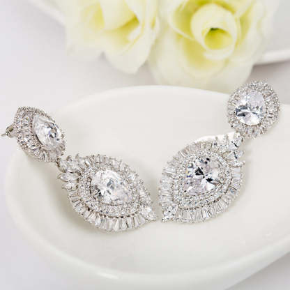 Dazzling Whire Pear Moissanite Diamonds Luxury 18k White Gold Plated Vintage Retro Drop Earrings | Mix Mix Style-Mix MIx Style