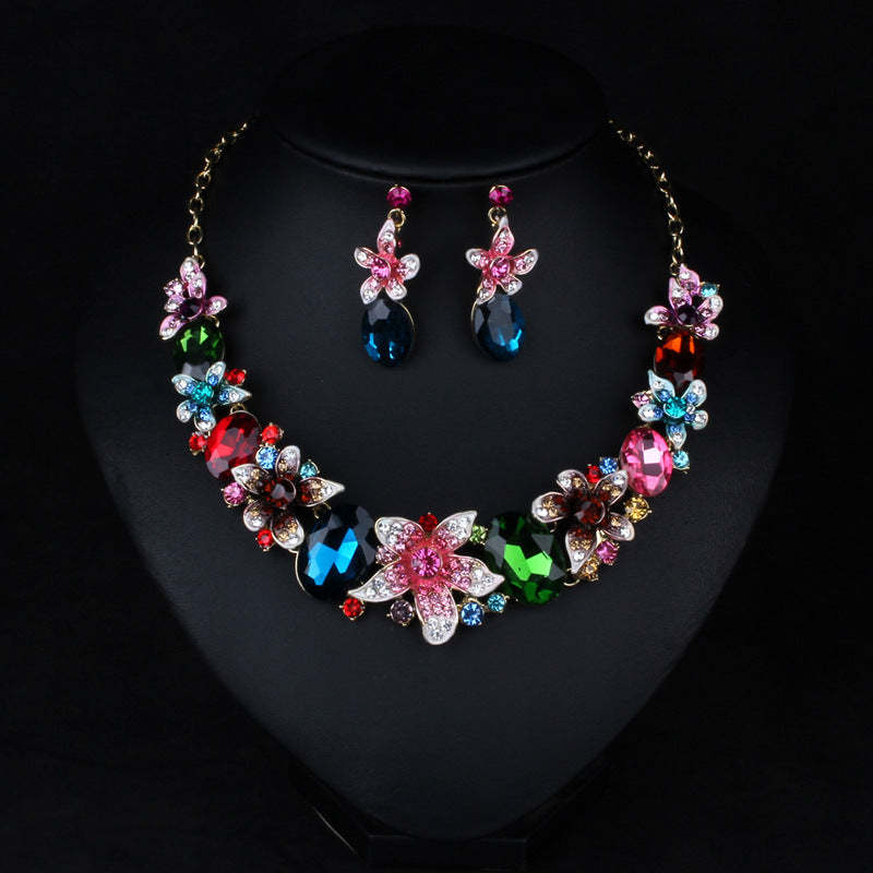 Multicolor Pink Flowers Retro Pendant Oval Cut Diamonds 18k Gold Plated Necklace & Drop Earring Jewelry Set | Mix Mix Style-Mix MIx Style