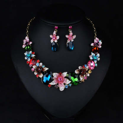 Multicolor Pink Flowers Retro Pendant Oval Cut Diamonds 18k Gold Plated Necklace & Drop Earring Jewelry Set | Mix Mix Style-Mix MIx Style