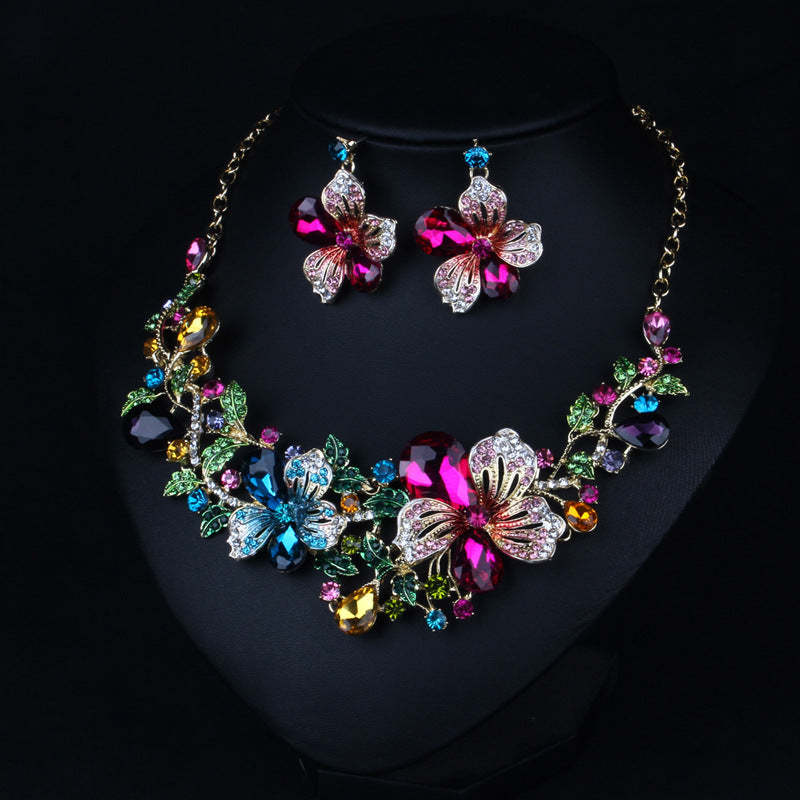 Flowers Embellished Vintage Pendants Pear Diamonds Luxury 18k Gold Plated Necklace Earrings Jewelry Set | Mix Mix Style-Mix MIx Style