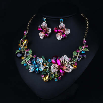 Flowers Embellished Vintage Pendants Pear Diamonds Luxury 18k Gold Plated Necklace Earrings Jewelry Set | Mix Mix Style-Mix MIx Style