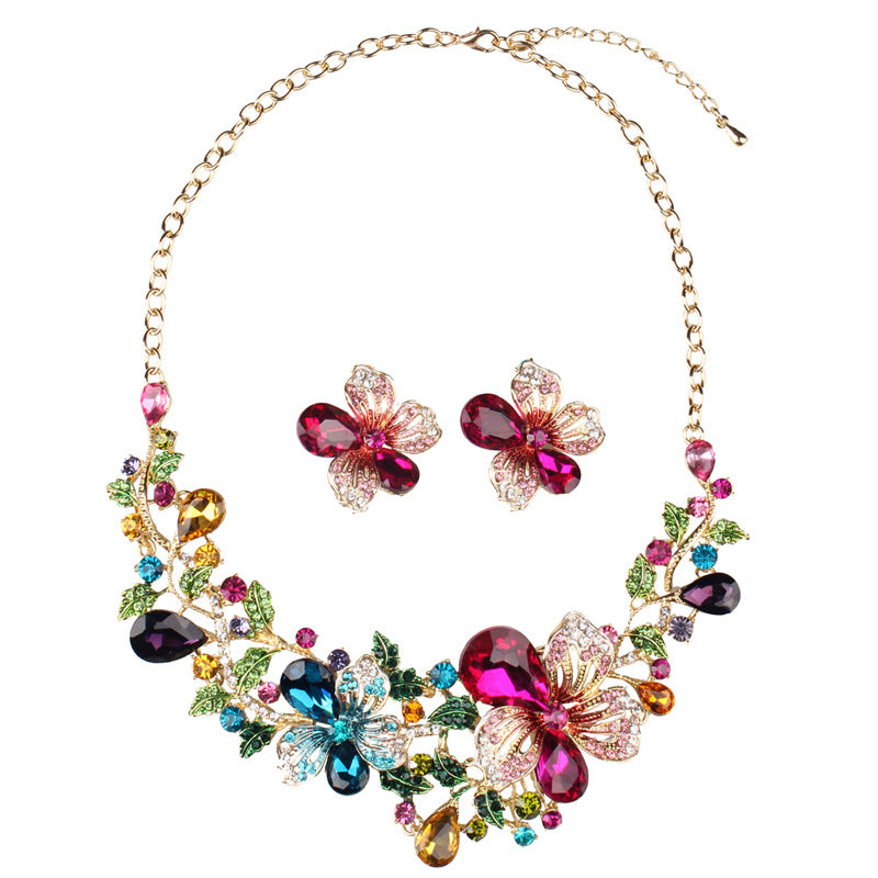 Flowers Embellished Vintage Pendants Pear Diamonds Luxury 18k Gold Plated Necklace Earrings Jewelry Set | Mix Mix Style-Mix MIx Style