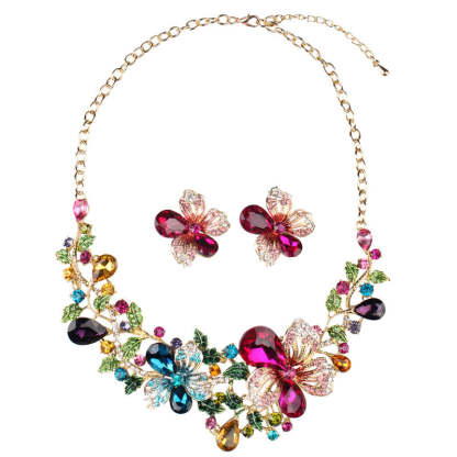 Flowers Embellished Vintage Pendants Pear Diamonds Luxury 18k Gold Plated Necklace Earrings Jewelry Set | Mix Mix Style-Mix MIx Style