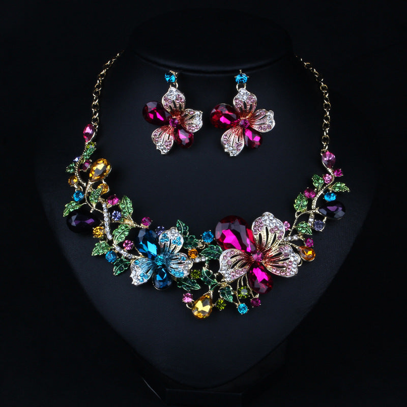 Flowers Embellished Vintage Pendants Pear Diamonds Luxury 18k Gold Plated Necklace Earrings Jewelry Set | Mix Mix Style-Mix MIx Style