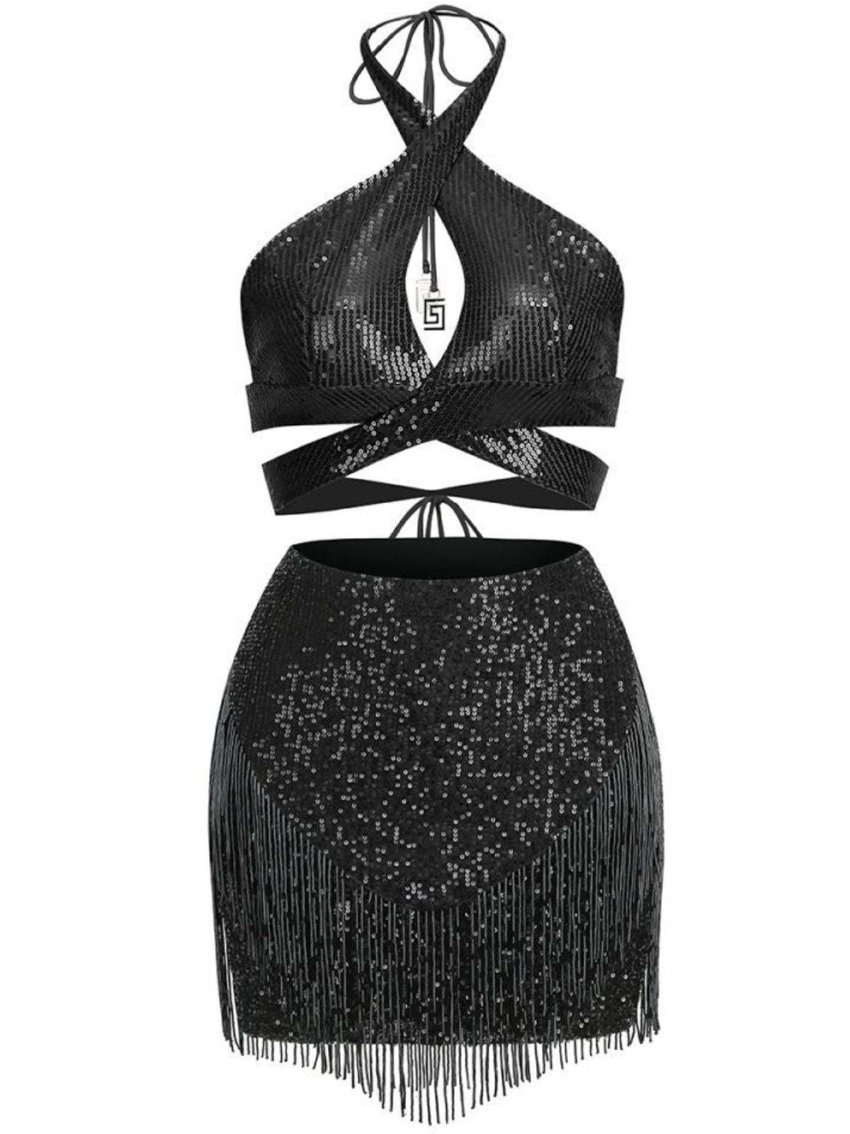 Halterneck Sequin Skirt Set Top & Skirt In Black | Mix Mix Style [Hot Seller]-Mix MIx Style