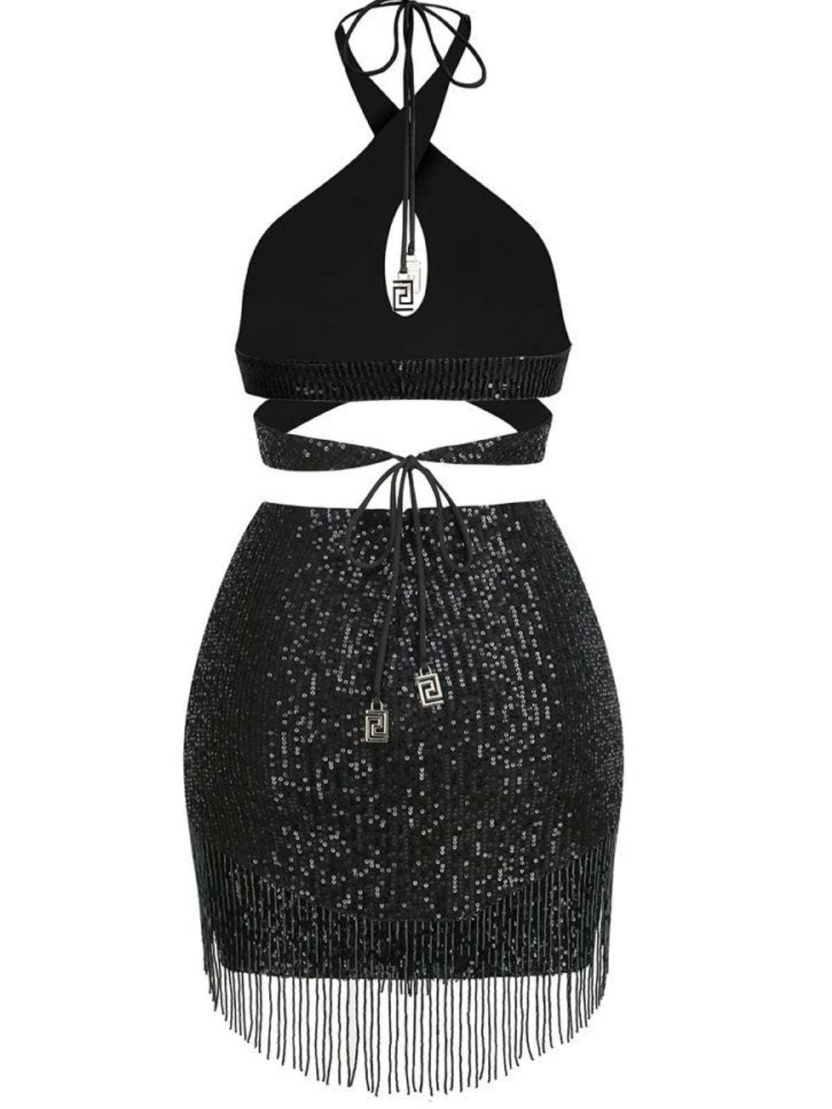 Halterneck Sequin Skirt Set Top & Skirt In Black | Mix Mix Style [Hot Seller]-Mix MIx Style