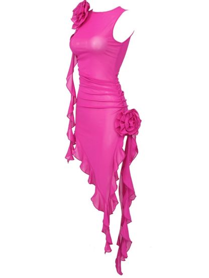 Mesh Flower Midi Dress In Hot Pink | Mix Mix Style [Hot Seller]-Mix MIx Style