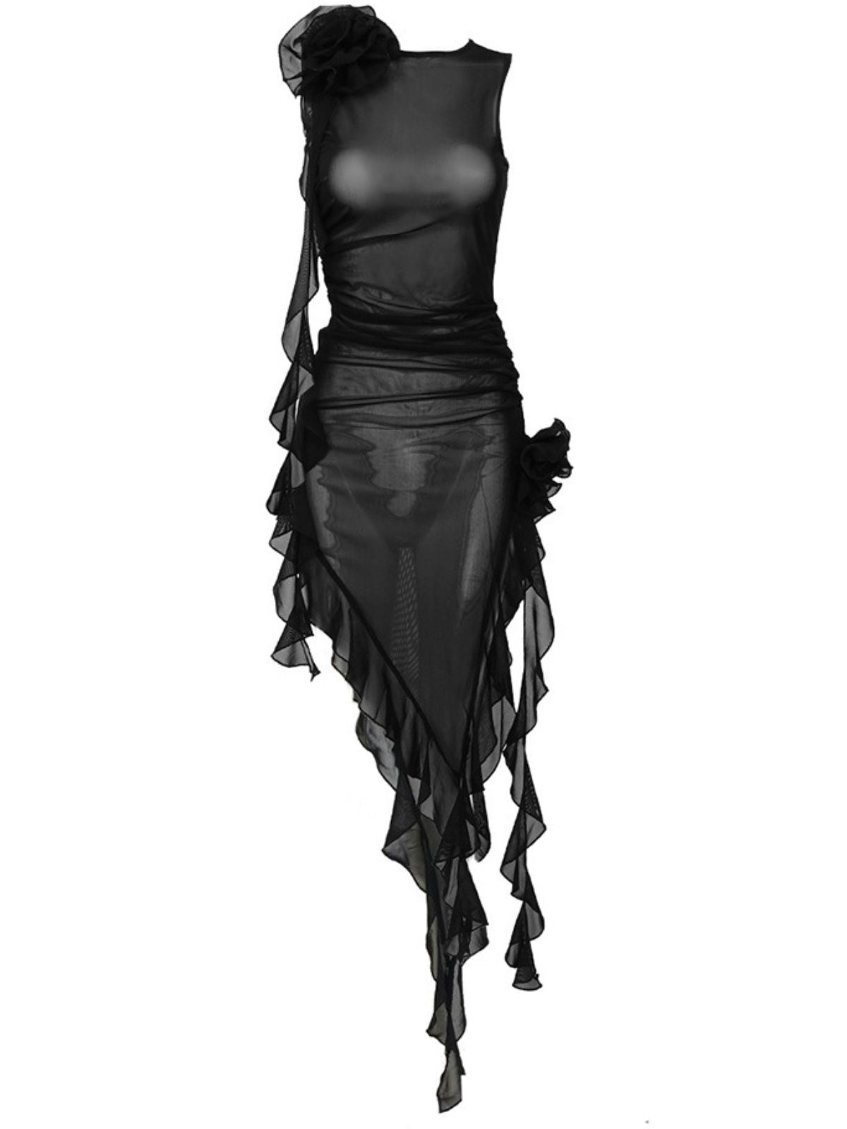 Mesh Flower Midi Dress In Black | Mix Mix Style [Hot Seller]-Mix MIx Style