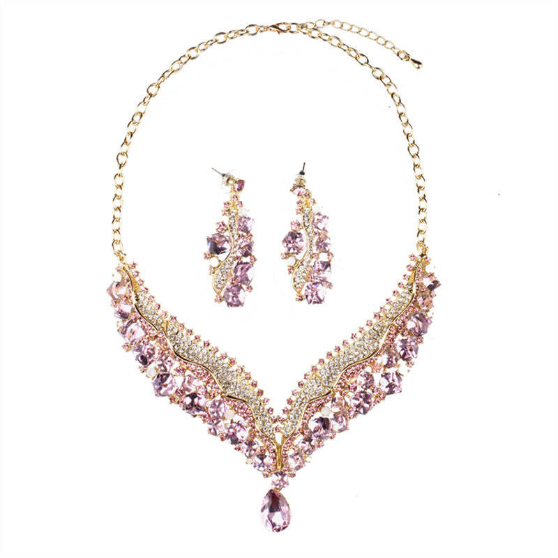 Luxurious Pink Retro  Pendant Big Pear Cut Diamonds Luxury 18k Gold Plated Necklace & Drop Earrings Jewelry Set | Mix Mix Style-Mix MIx Style