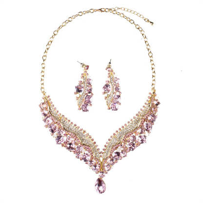 Luxurious Pink Retro  Pendant Big Pear Cut Diamonds Luxury 18k Gold Plated Necklace & Drop Earrings Jewelry Set | Mix Mix Style-Mix MIx Style