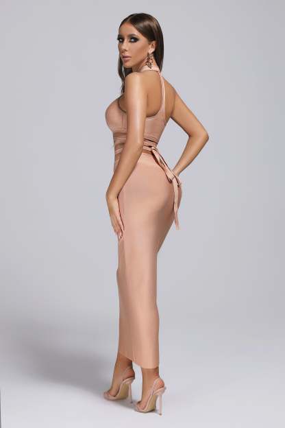 Beige Halter Maxi Bandage Dress  | Mix Mix Style [Hot Seller]-Mix MIx Style
