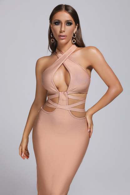 Beige Halter Maxi Bandage Dress  | Mix Mix Style [Hot Seller]-Mix MIx Style