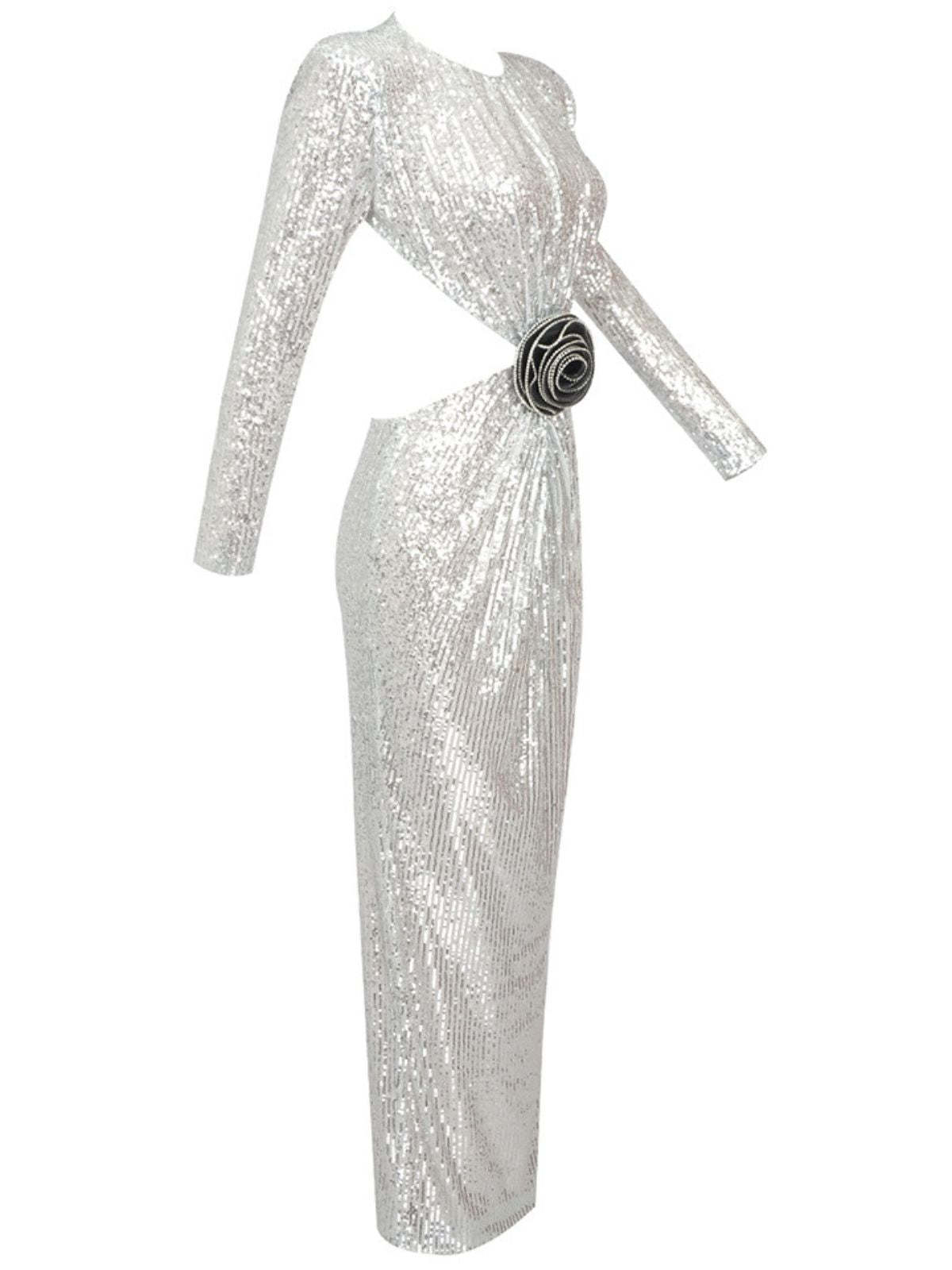 Long Sleeve Cutout Sequin Maxi Dress In Silver | Mix Mix Style [Hot Seller]-Mix MIx Style