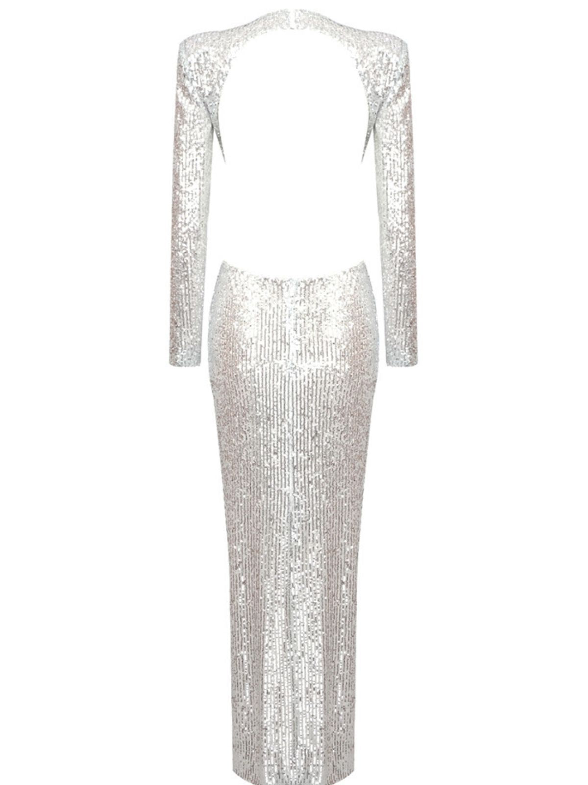 Long Sleeve Cutout Sequin Maxi Dress In Silver | Mix Mix Style [Hot Seller]-Mix MIx Style