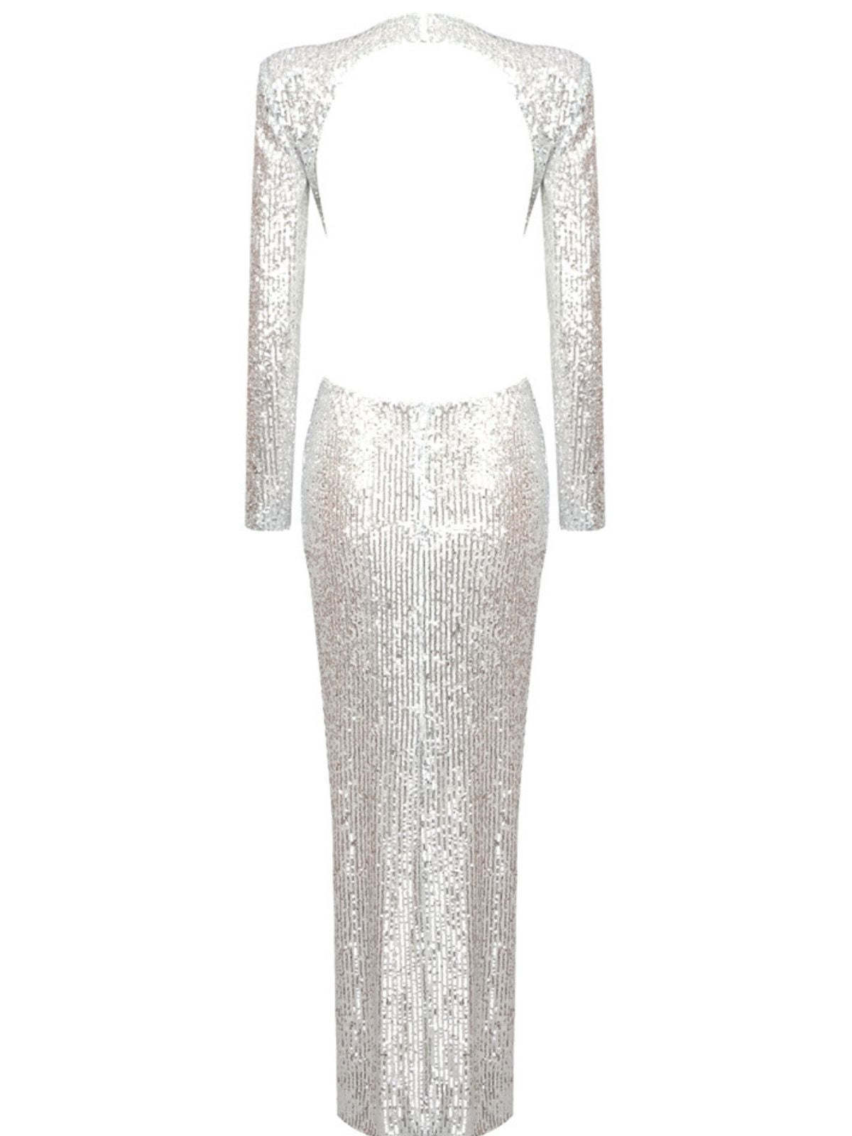 Long Sleeve Cutout Sequin Maxi Dress In Silver | Mix Mix Style [Hot Seller]-Mix MIx Style