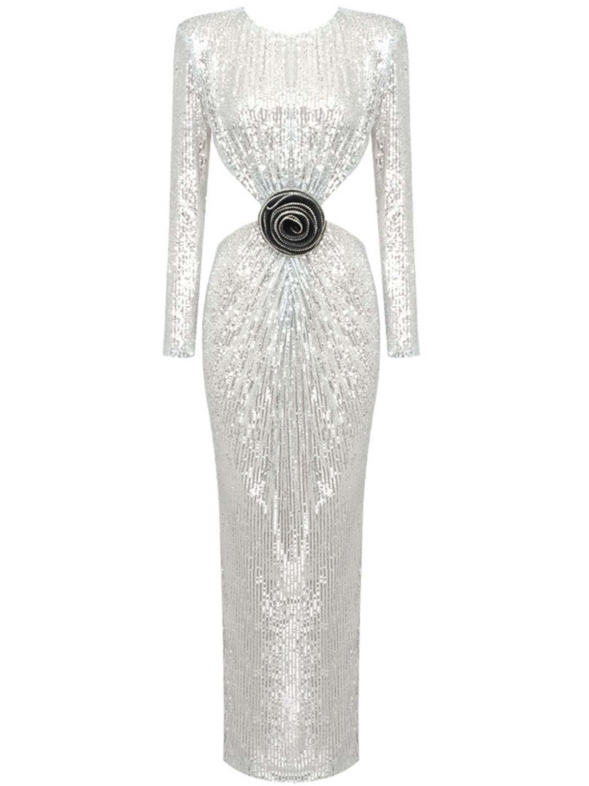 Long Sleeve Cutout Sequin Maxi Dress In Silver | Mix Mix Style [Hot Seller]-Mix MIx Style