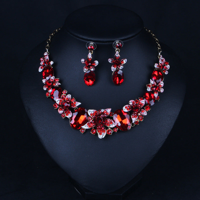 Multicolor Pink Flowers Retro Pendant Oval Cut Diamonds 18k Gold Plated Necklace & Drop Earring Jewelry Set | Mix Mix Style-Mix MIx Style