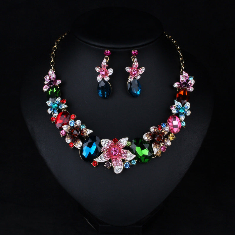 Multicolor Pink Flowers Retro Pendant Oval Cut Diamonds 18k Gold Plated Necklace & Drop Earring Jewelry Set | Mix Mix Style-Mix MIx Style