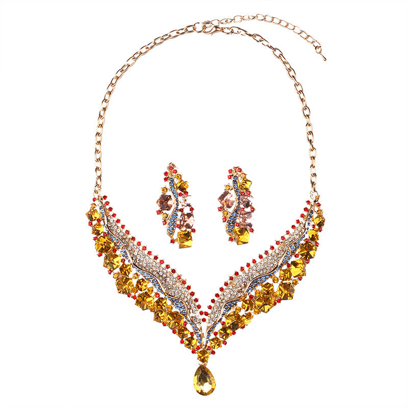 Luxurious Pink Retro  Pendant Big Pear Cut Diamonds Luxury 18k Gold Plated Necklace & Drop Earrings Jewelry Set | Mix Mix Style-Mix MIx Style