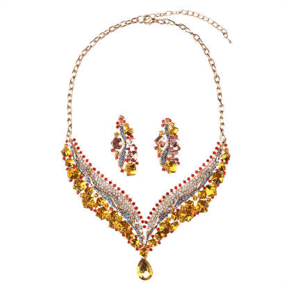 Luxurious Pink Retro  Pendant Big Pear Cut Diamonds Luxury 18k Gold Plated Necklace & Drop Earrings Jewelry Set | Mix Mix Style-Mix MIx Style