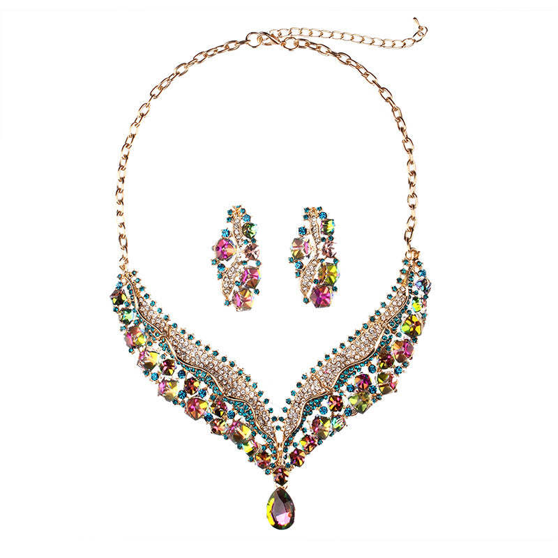 Luxurious Pink Retro  Pendant Big Pear Cut Diamonds Luxury 18k Gold Plated Necklace & Drop Earrings Jewelry Set | Mix Mix Style-Mix MIx Style