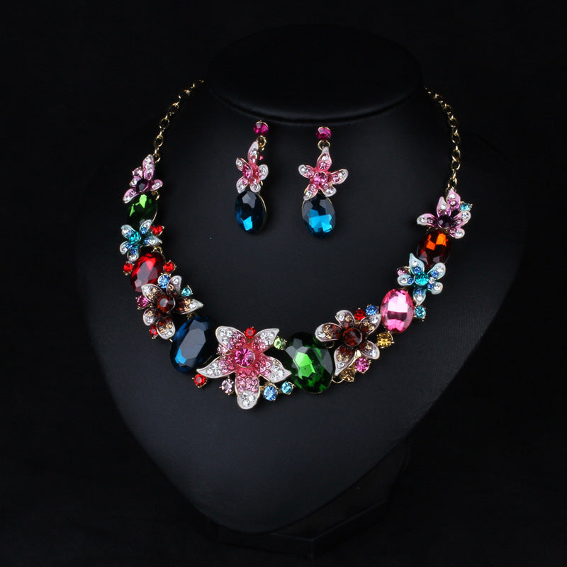 Multicolor Pink Flowers Retro Pendant Oval Cut Diamonds 18k Gold Plated Necklace & Drop Earring Jewelry Set | Mix Mix Style-Mix MIx Style