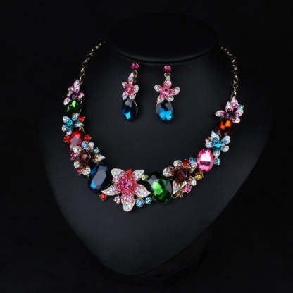 Multicolor Pink Flowers Retro Pendant Oval Cut Diamonds 18k Gold Plated Necklace & Drop Earring Jewelry Set | Mix Mix Style-Mix MIx Style