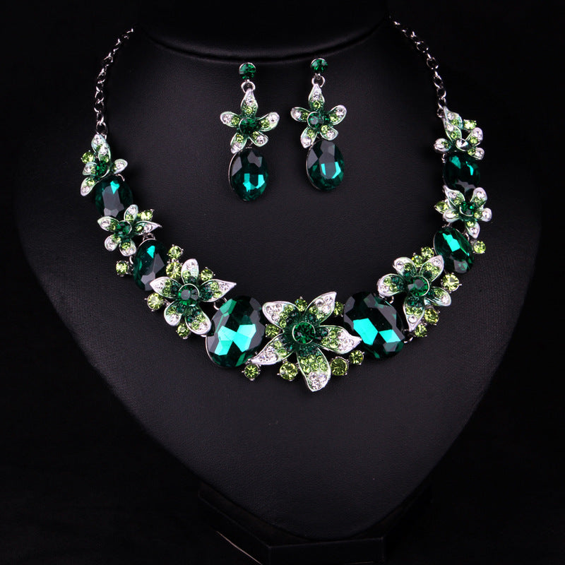 Multicolor Pink Flowers Retro Pendant Oval Cut Diamonds 18k Gold Plated Necklace & Drop Earring Jewelry Set | Mix Mix Style-Mix MIx Style