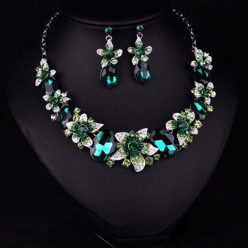 Multicolor Pink Flowers Retro Pendant Oval Cut Diamonds 18k Gold Plated Necklace & Drop Earring Jewelry Set | Mix Mix Style-Mix MIx Style