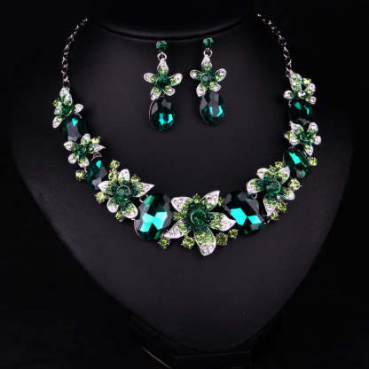 Multicolor Pink Flowers Retro Pendant Oval Cut Diamonds 18k Gold Plated Necklace & Drop Earring Jewelry Set | Mix Mix Style-Mix MIx Style