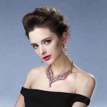 Luxurious Pink Retro  Pendant Big Pear Cut Diamonds Luxury 18k Gold Plated Necklace & Drop Earrings Jewelry Set | Mix Mix Style-Mix MIx Style