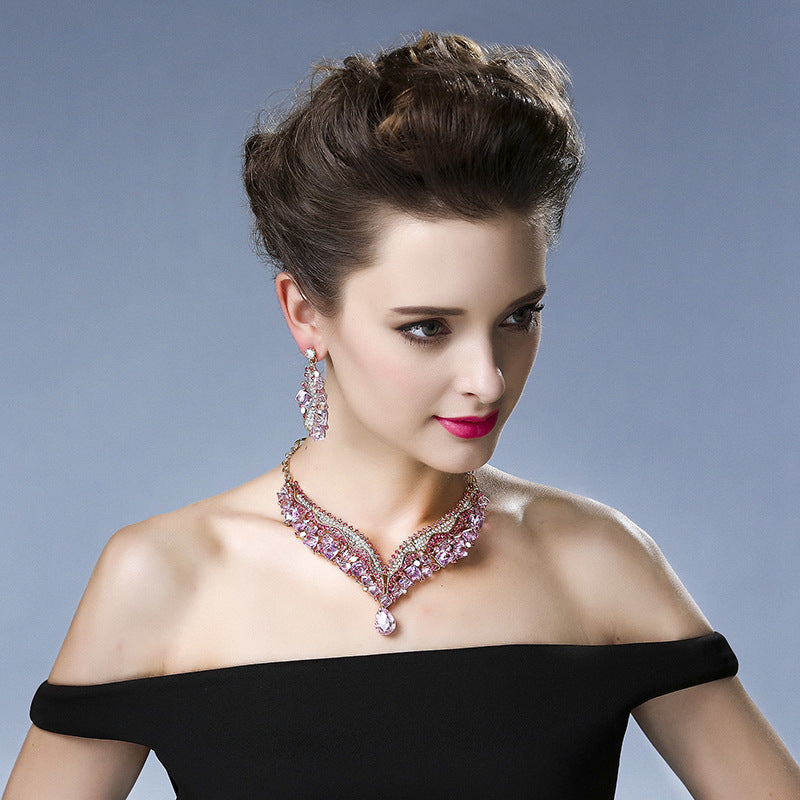 Luxurious Pink Retro  Pendant Big Pear Cut Diamonds Luxury 18k Gold Plated Necklace & Drop Earrings Jewelry Set | Mix Mix Style-Mix MIx Style