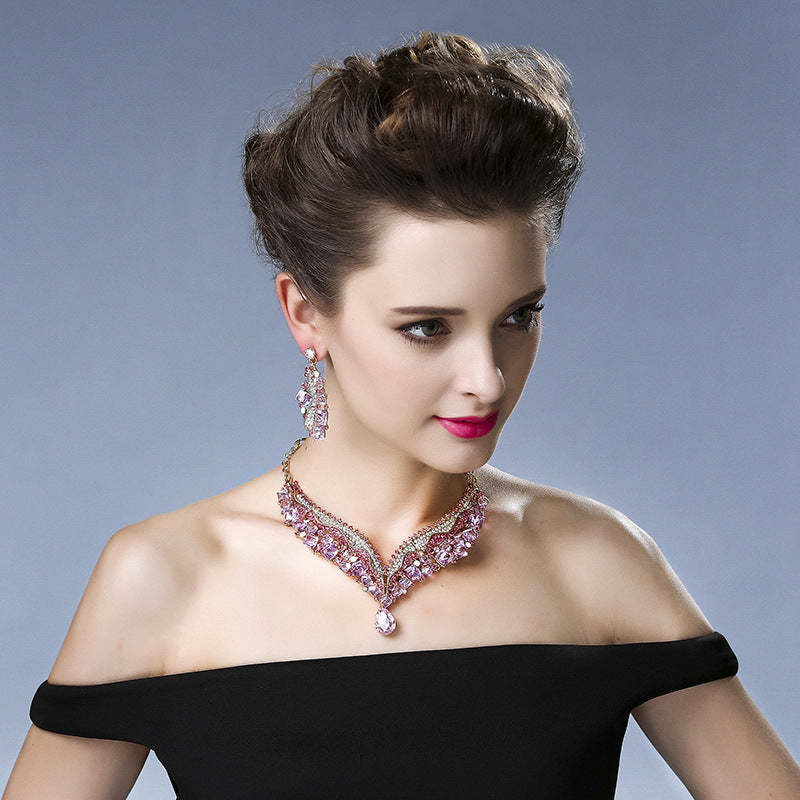 Luxurious Pink Retro  Pendant Big Pear Cut Diamonds Luxury 18k Gold Plated Necklace & Drop Earrings Jewelry Set | Mix Mix Style-Mix MIx Style