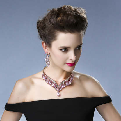 Luxurious Pink Retro  Pendant Big Pear Cut Diamonds Luxury 18k Gold Plated Necklace & Drop Earrings Jewelry Set | Mix Mix Style-Mix MIx Style