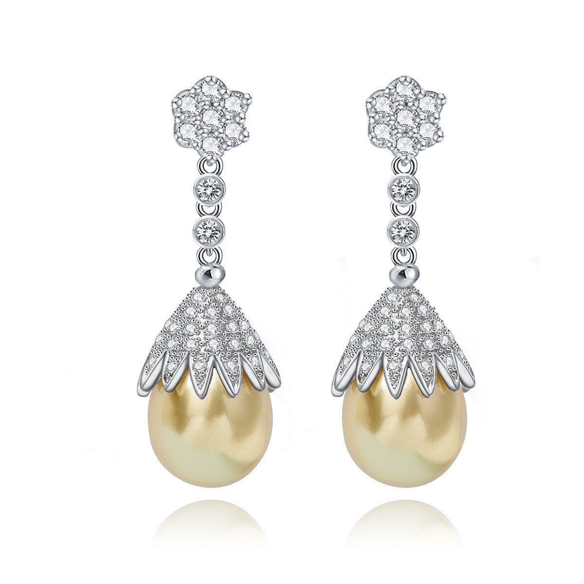 Flower White Akoya Pearl Timeless & Moissanite Diamonds 18k White Gold Plated Vintage Drop Earrings | Mix Mix Style-Mix MIx Style