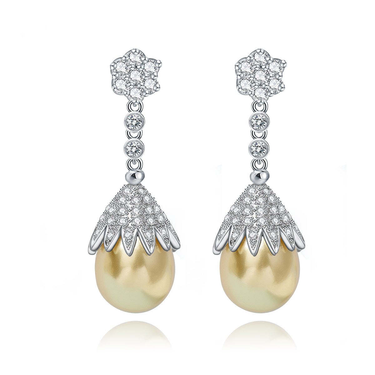 Flower White Akoya Pearl Timeless & Moissanite Diamonds 18k White Gold Plated Vintage Drop Earrings | Mix Mix Style-Mix MIx Style
