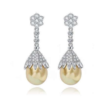 Flower White Akoya Pearl Timeless & Moissanite Diamonds 18k White Gold Plated Vintage Drop Earrings | Mix Mix Style-Mix MIx Style
