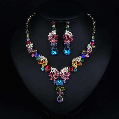Multicolor Classic Pendant Pear Cut Diamonds Luxurious 18k White Gold Plated Necklace & Drop Earring Jewelry Set | Mix Mix Style-Mix MIx Style