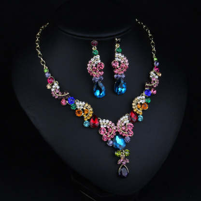 Multicolor Classic Pendant Pear Cut Diamonds Luxurious 18k White Gold Plated Necklace & Drop Earring Jewelry Set | Mix Mix Style-Mix MIx Style