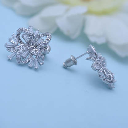 Bow Embellished White Moissanite Diamonds Elegant 18k White Gold Plated Vintage Stud Earrings | Mix Mix Style-Mix MIx Style