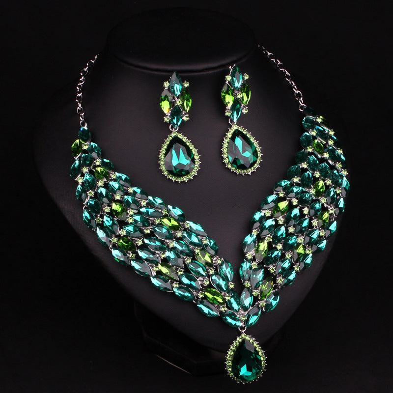 Yellow & Green Retro Exaggerated Pendant Pear Cut Diamonds Luxury 18k Gold Plated Necklace & Drop Earring Jewelry Set | Mix Mix Style-Mix MIx Style