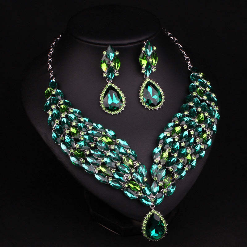 Yellow & Green Retro Exaggerated Pendant Pear Cut Diamonds Luxury 18k Gold Plated Necklace & Drop Earring Jewelry Set | Mix Mix Style-Mix MIx Style