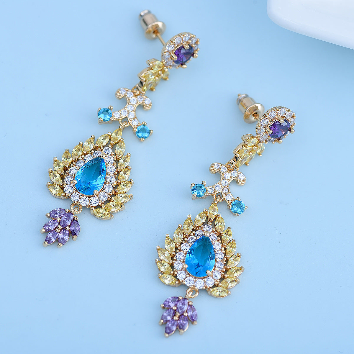 Blue & Purple Dazzling Pear Moissanite Diamonds Luxury 18k Vermeil Gold Plated Vintage Retro Drop Earrings | Mix Mix Style-Mix MIx Style