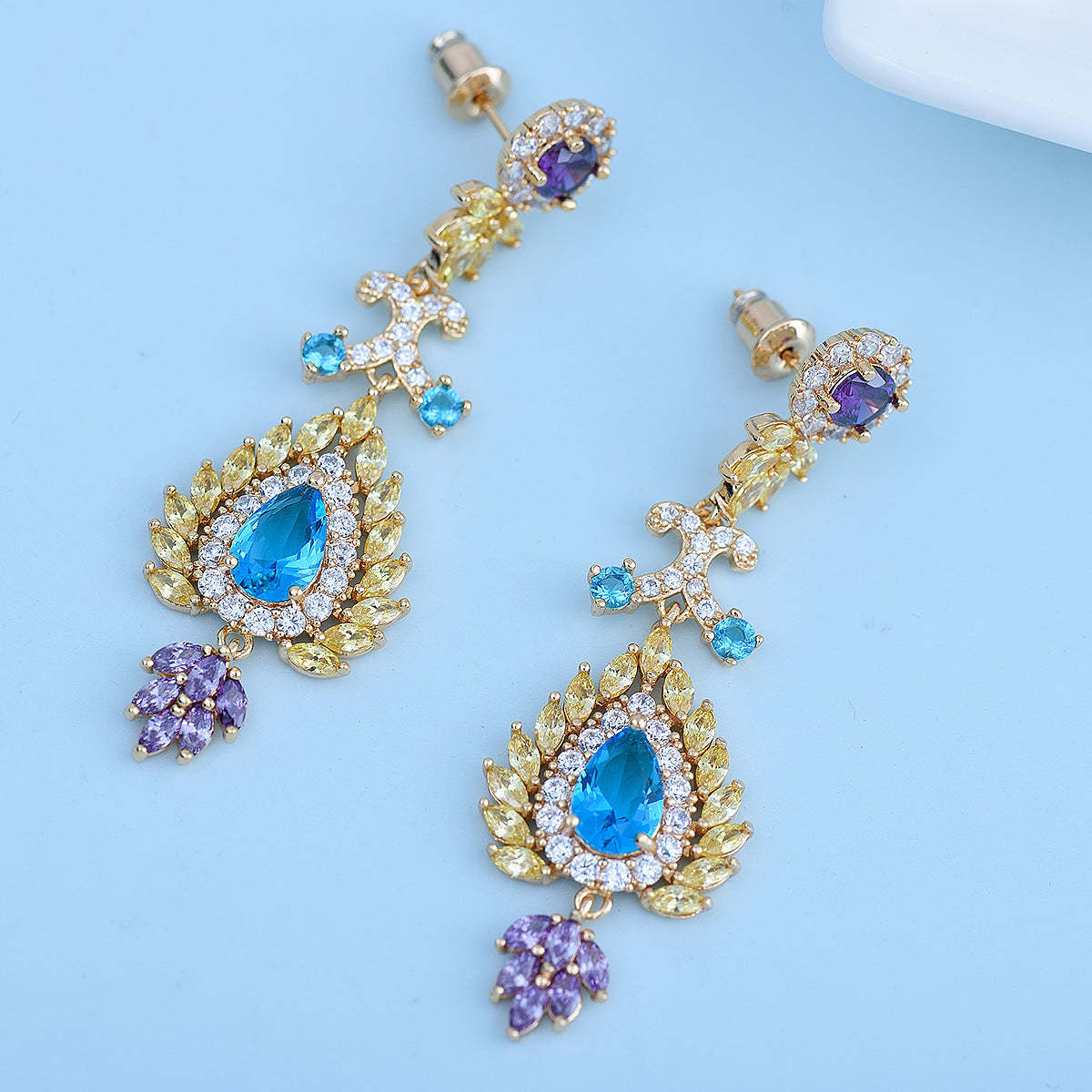 Blue & Purple Dazzling Pear Moissanite Diamonds Luxury 18k Vermeil Gold Plated Vintage Retro Drop Earrings | Mix Mix Style-Mix MIx Style