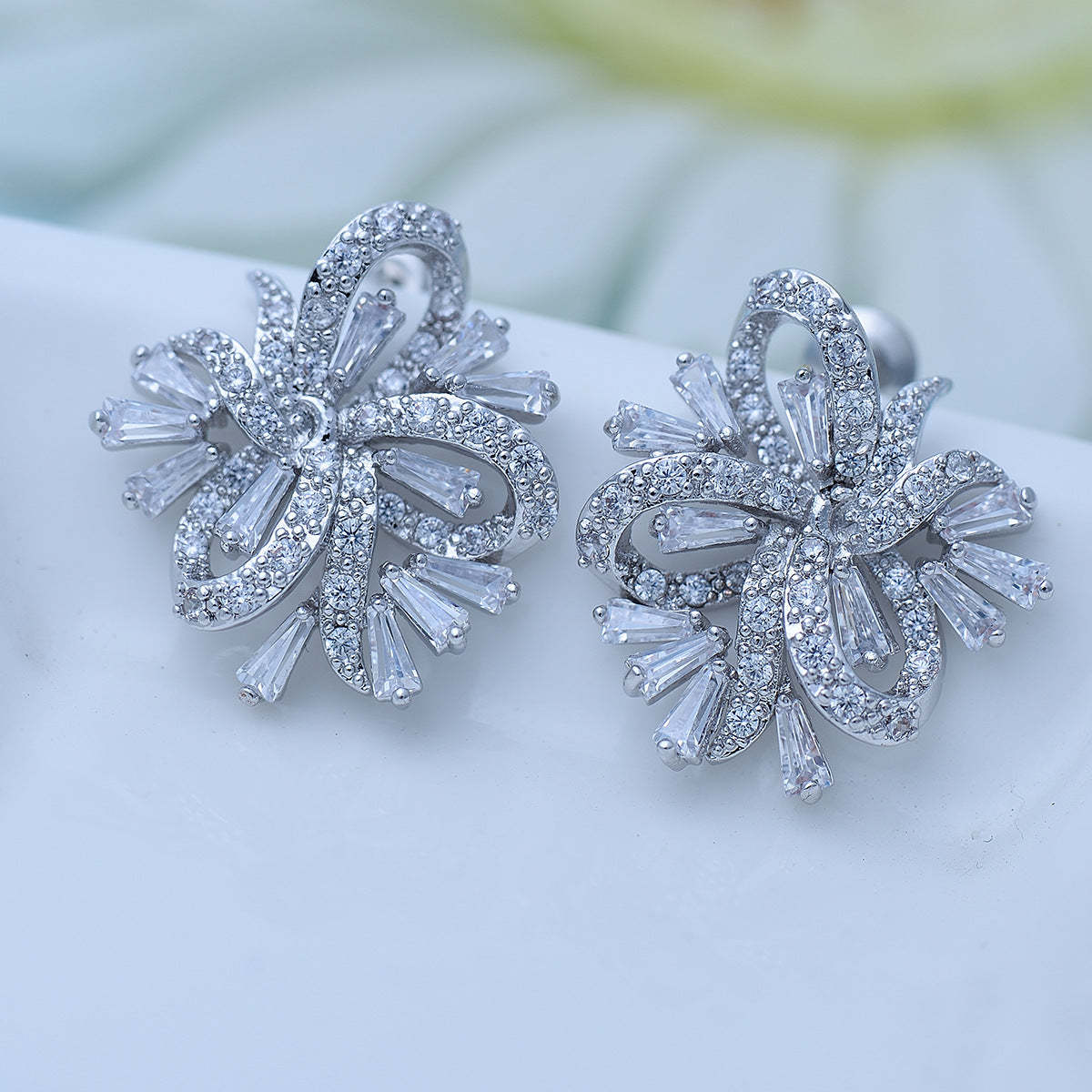 Bow Embellished White Moissanite Diamonds Elegant 18k White Gold Plated Vintage Stud Earrings | Mix Mix Style-Mix MIx Style