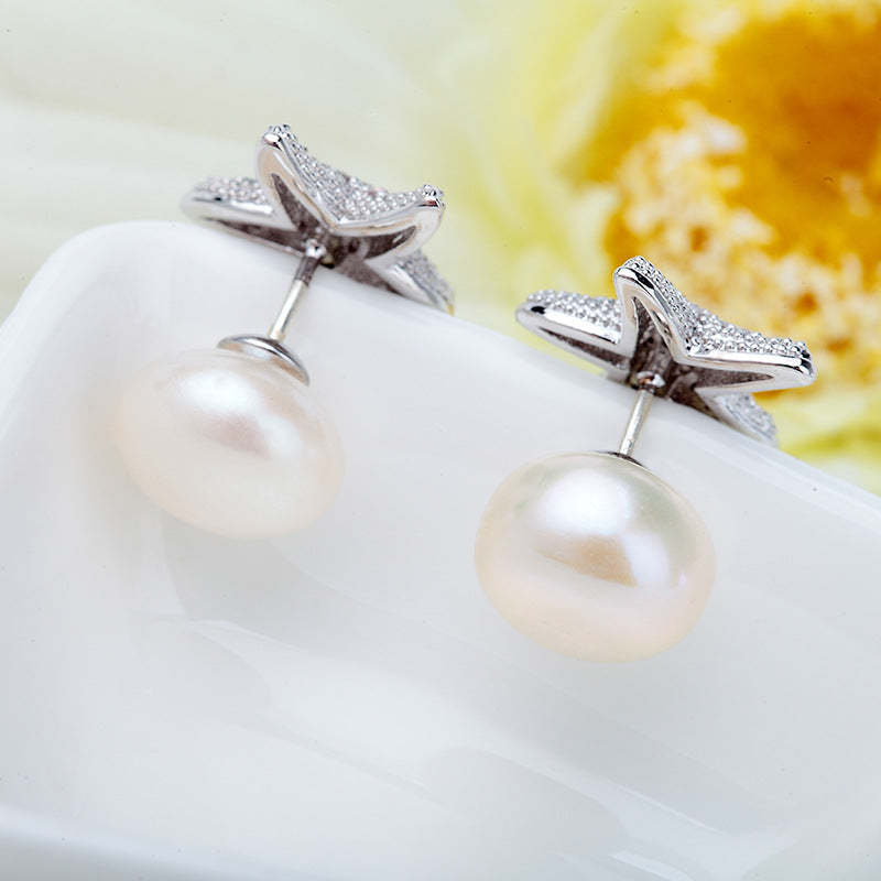 Jinse starfish earrings copper micro-inlaid zircon earrings pearl ear plugs creative Korean version silver needle ear jewelry for women-Mix MIx Style