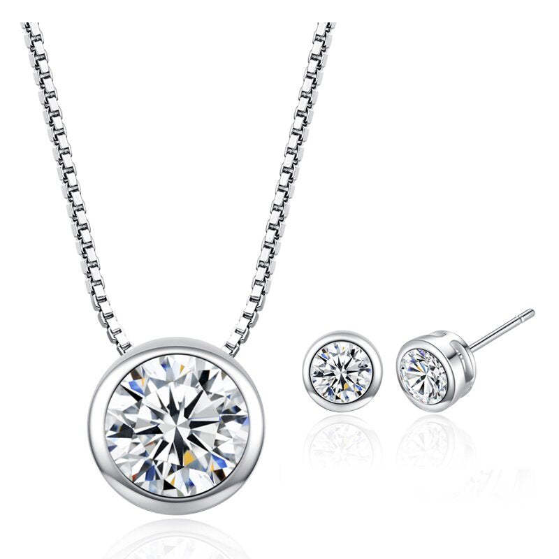 Simple Round Moissanite Diamond Clavicle Chain Necklace & Earrings Set | Mix Mix Style [Hot Seller]-Mix MIx Style